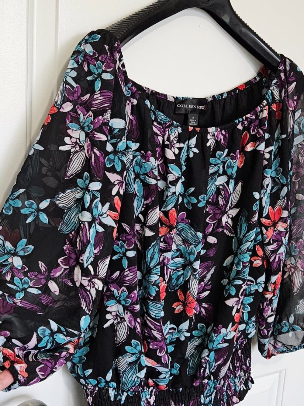 Colleen Lopez Plus Size 1X Floral Print Sheer Chiffon Smocked Flowy Blouse